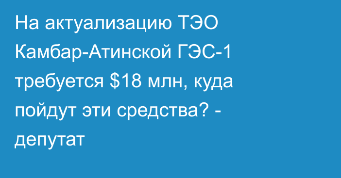 На актуализацию ТЭО Камбар-Атинской ГЭС-1 требуется $18 млн, куда пойдут эти средства? - депутат